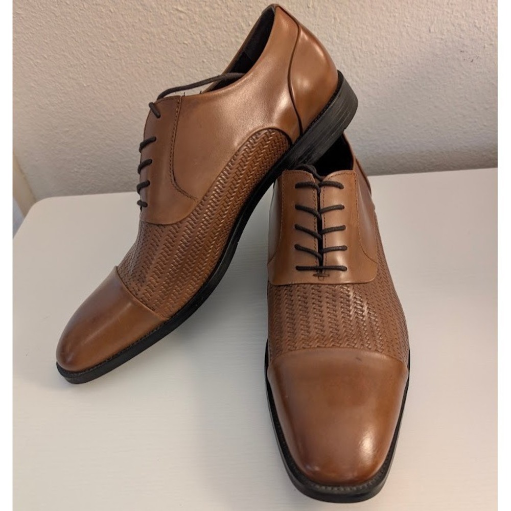 Kenneth Cole Ticket-S Oxford Shoes Mens 12M Cognac‎ Brown Cap Toe Woven EUC